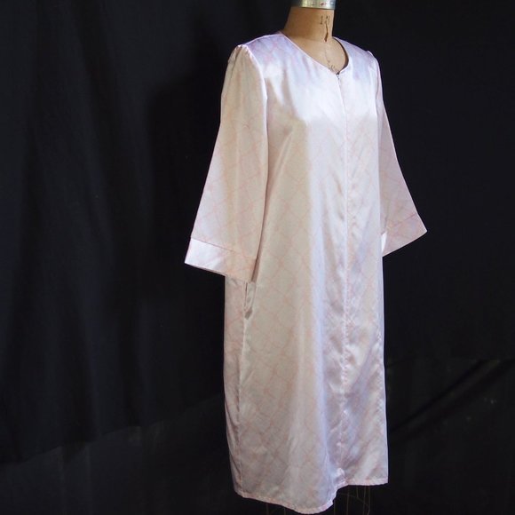 vtg KASSATLY Palm Beach Pink Floral Zip Up Satin Glam Lounge Robe Caftan Dress S - Picture 3 of 9
